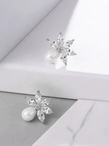 Cubic Zirconia Decor Stud Earrings - Silver - View 1