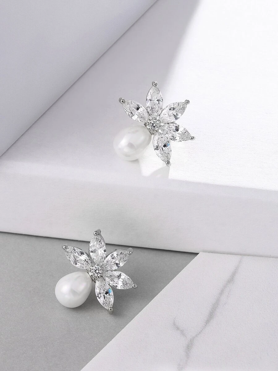 Cubic Zirconia Decor Stud Earrings - Silver - View 1