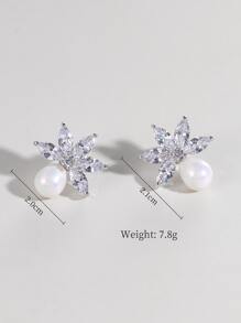 Cubic Zirconia Decor Stud Earrings - Silver - View 4