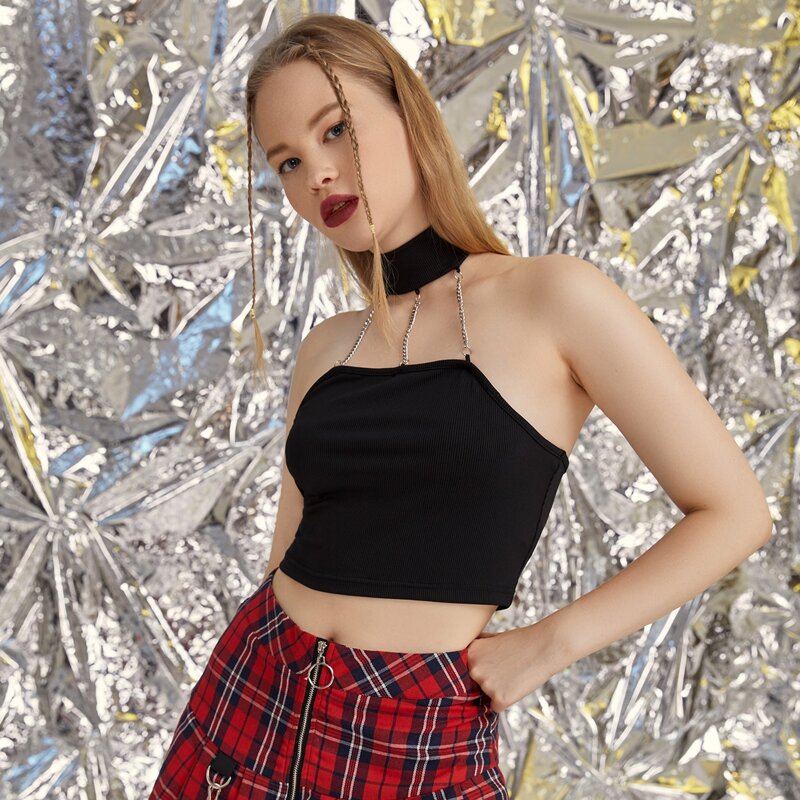 

Solid Chained Halter Top, Black