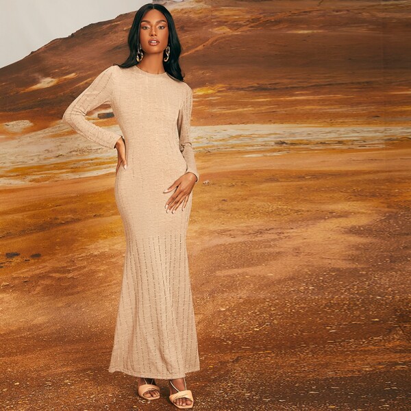 

Solid Eyelet Mermaid Hem Dress, Apricot