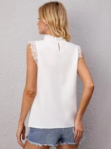 SHEIN Clasi Mock Neck Contrast Guipure Lace Sleeveless Blouse - White - View 2