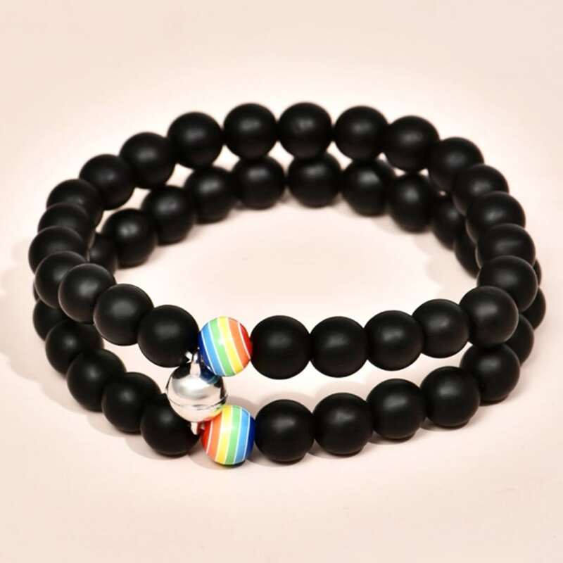

Guys 2pcs Rainbow Stripe Beaded Bracelet, Black