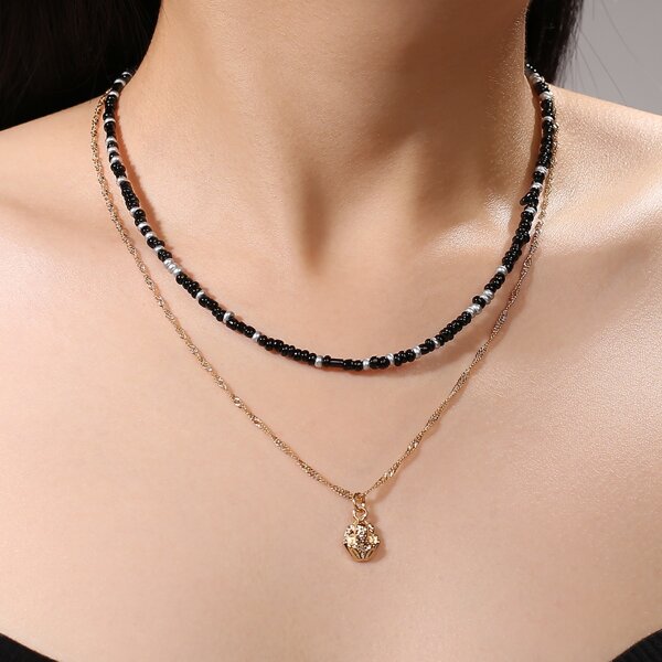 

2pcs Bead Decor Necklace, Multicolor