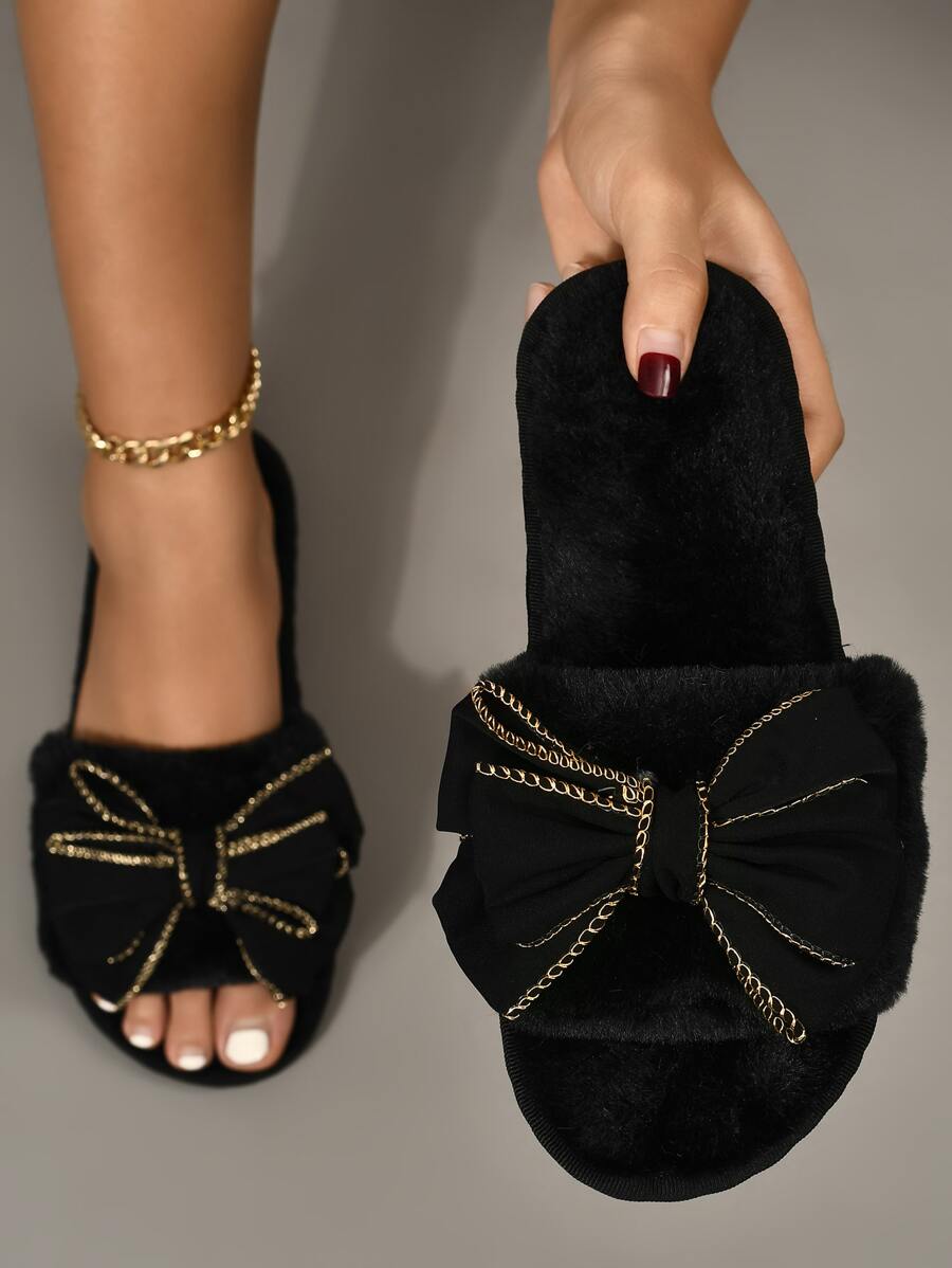 Fall/Winter Trim Bow Decor Bedroom Slippers,Fluffy Slippers - Black - View 1