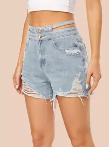 Shorts en mezclilla roto de cintura con abertura - Lavado ligero - Ver 1