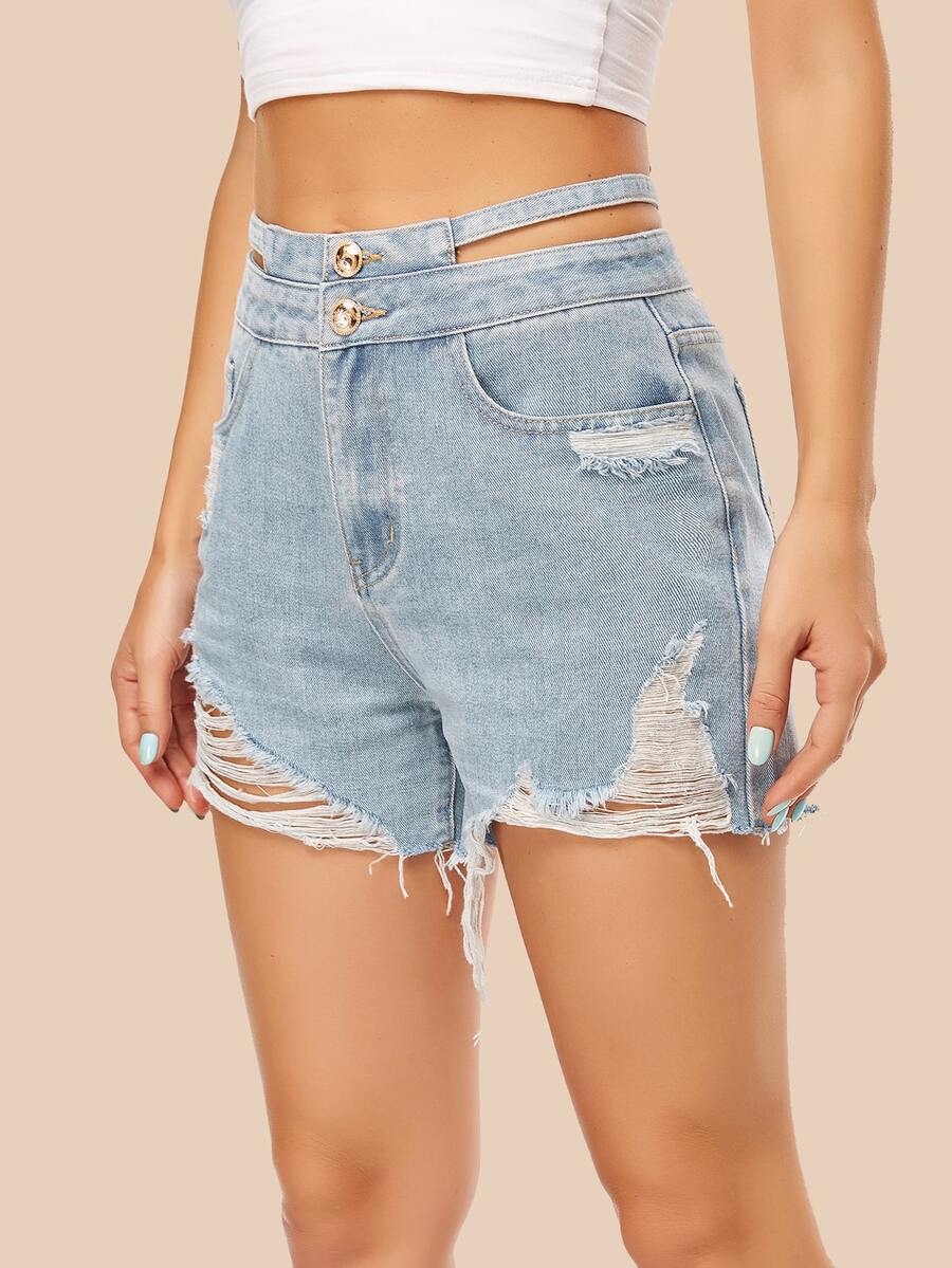 Shorts en mezclilla roto de cintura con abertura - Lavado ligero - Ver 1