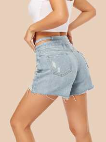 Shorts en mezclilla roto de cintura con abertura - Lavado ligero - Ver 2