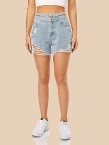 Shorts en mezclilla roto de cintura con abertura - Lavado ligero - Ver 3