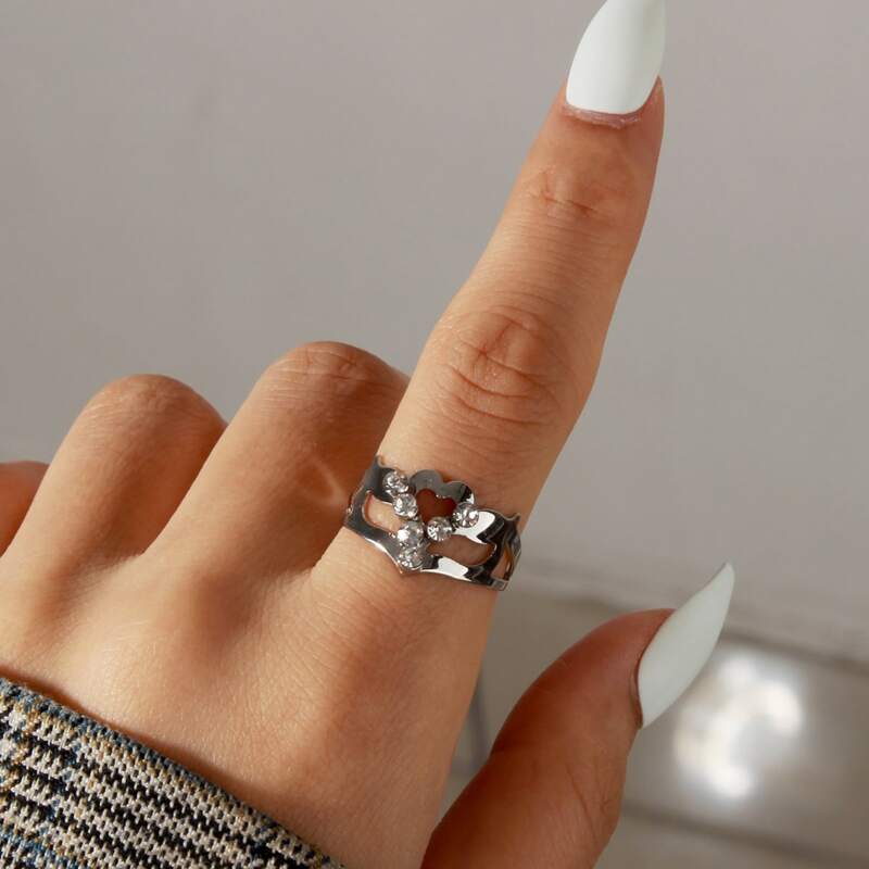 

1pc Rhinestone Decor Ring, Silver
