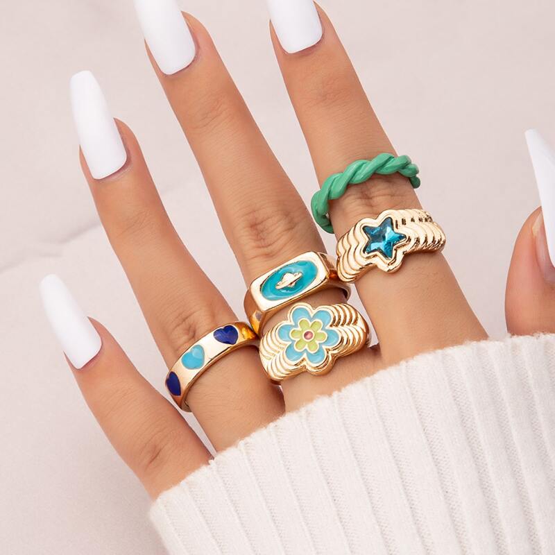 

5pcs Heart & Star Design Ring, Gold
