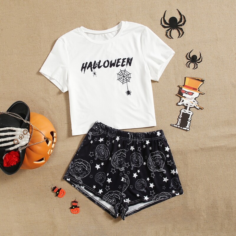 

Halloween Print Top & Shorts PJ Set, Black and white
