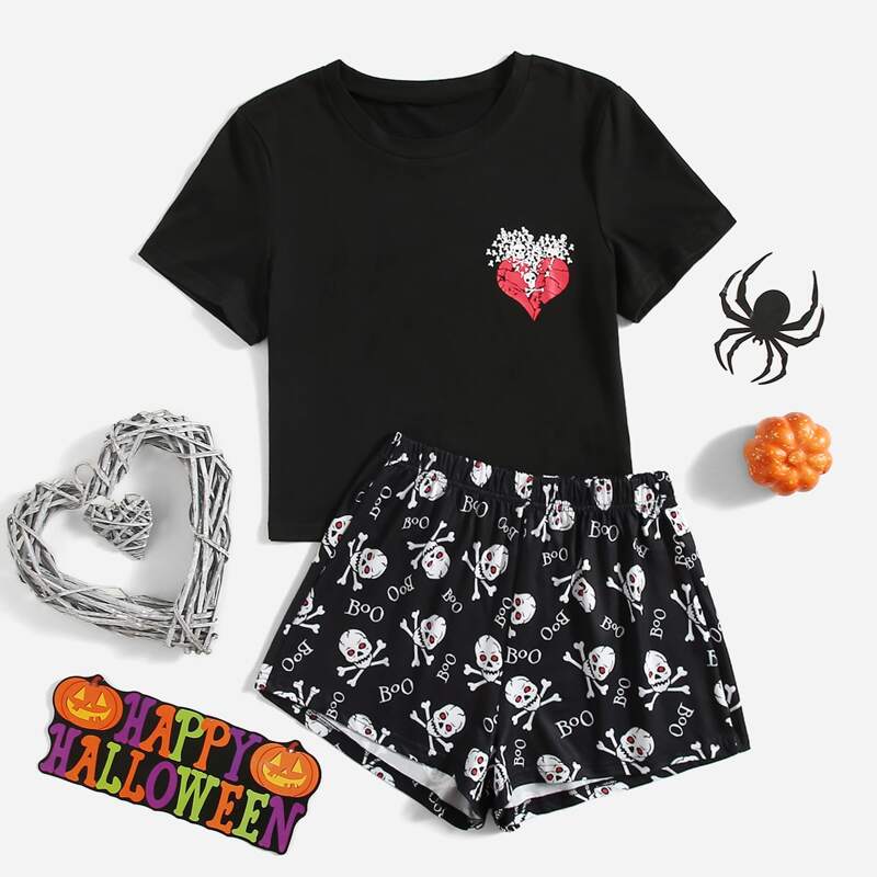 

Skull and Letter Print Top & Shorts PJ Set, Black
