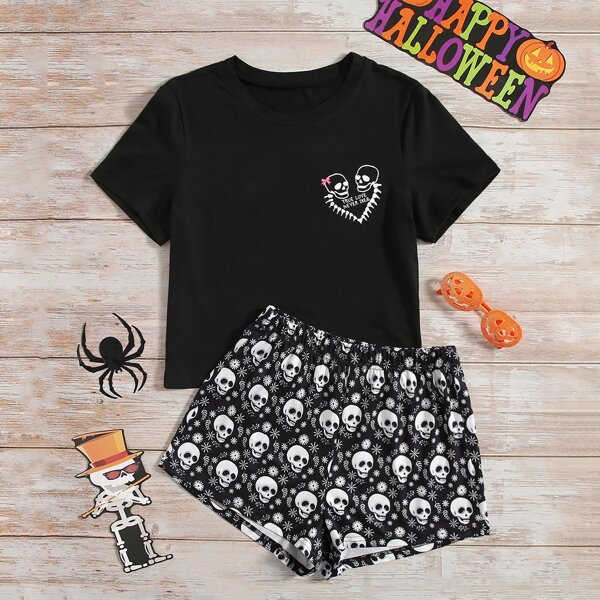 

Halloween Slogan & Skull Print PJ Set, Black