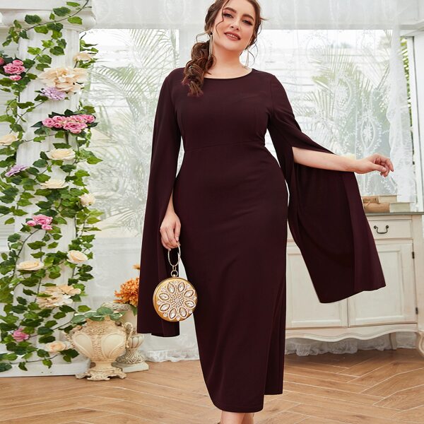 

Plus Extra-Long Cloak Sleeve Bodycon Dress, Maroon