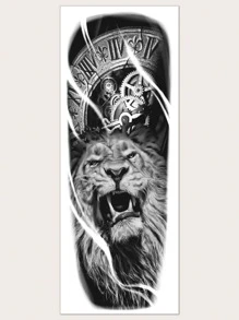 Sticker De Tatouages , 1 Feuille large Demi Manche De Bras Motif Lion Tatouages Temporaires Pour Homme Femme Avant Bras , animal Faux Autocollants De Tatouage Adultes , Noir Réaliste Tatouage À Lettres , Pour Femme Et Fille - Noir - Voir 2