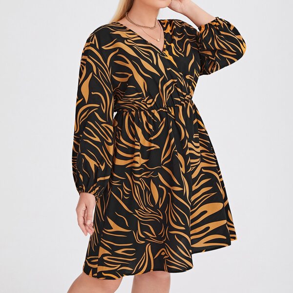 

Plus Surplice Neck Allover Print Lantern Sleeve Dress, Multicolor