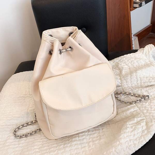 

Minimalist Double Pocket Drawstring Backpack, White