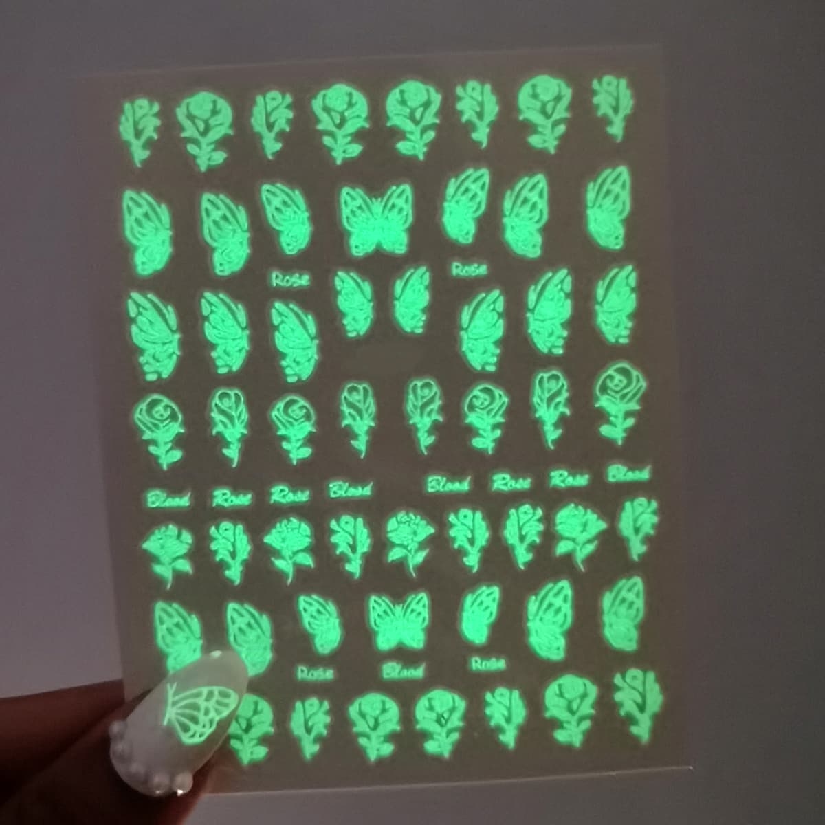 

1sheet Luminous Butterfly & Rose Pattern Nail Art Sticker, White