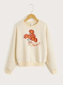 SHEIN Girls Floral & Letter Graphic Pullover - Apricot - View 1