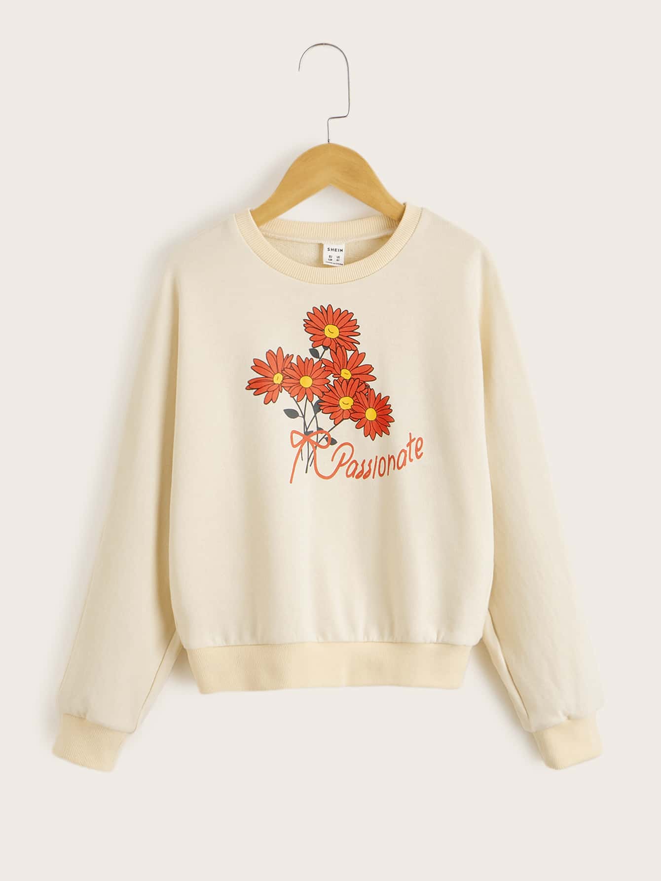 SHEIN Girls Floral & Letter Graphic Pullover - Apricot - View 1