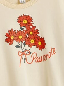 SHEIN Girls Floral & Letter Graphic Pullover - Apricot - View 3