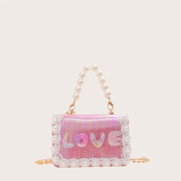 

Girls Colorblock Faux Pearl Decor Letter Graphic Chain Square Bag, Hot pink
