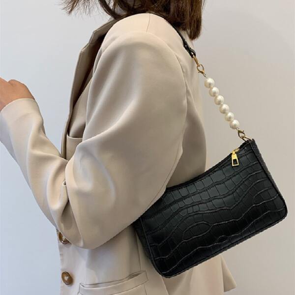 

Pearls Decor Croc Embossed Square Bag, Black