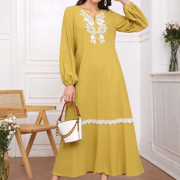 

Платье с вышивкой с аппликацией с рукавами-фонариками, Жёлтые