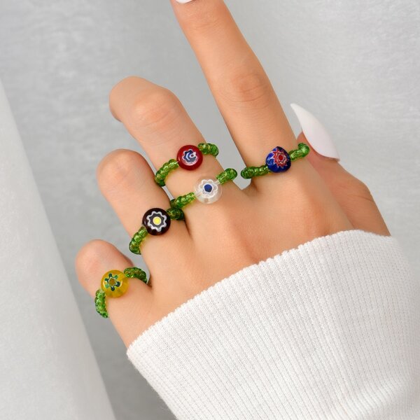 

5pcs Flower Decor Beaded Ring, Multicolor