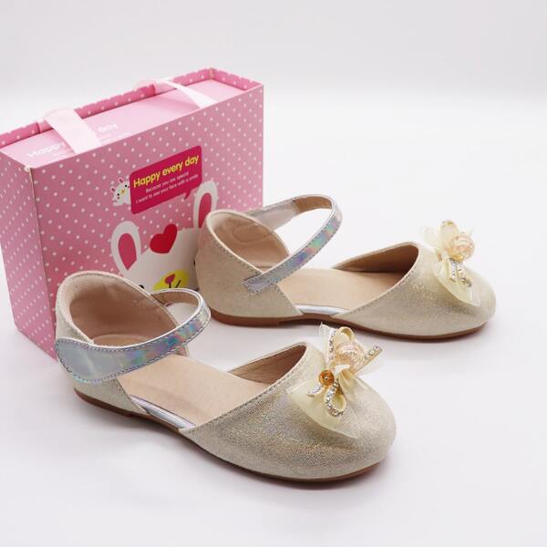 

Girls Metallic Bow Decor Mary Jane Flats, Apricot