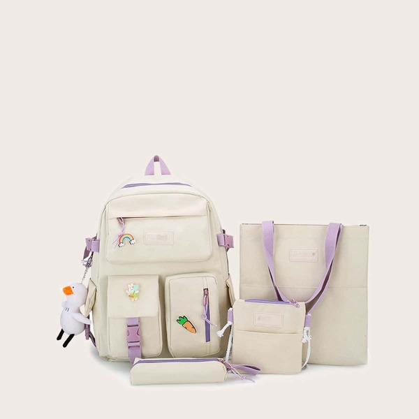 

4pcs Two Tone Cartoon Decor Backpack Set, Beige