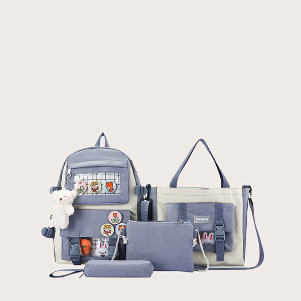 

4pcs Two Tone Cartoon Decor Backpack Set, Blue