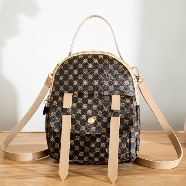 

Geometric Pattern Flap Classic Backpack, Coffee brown