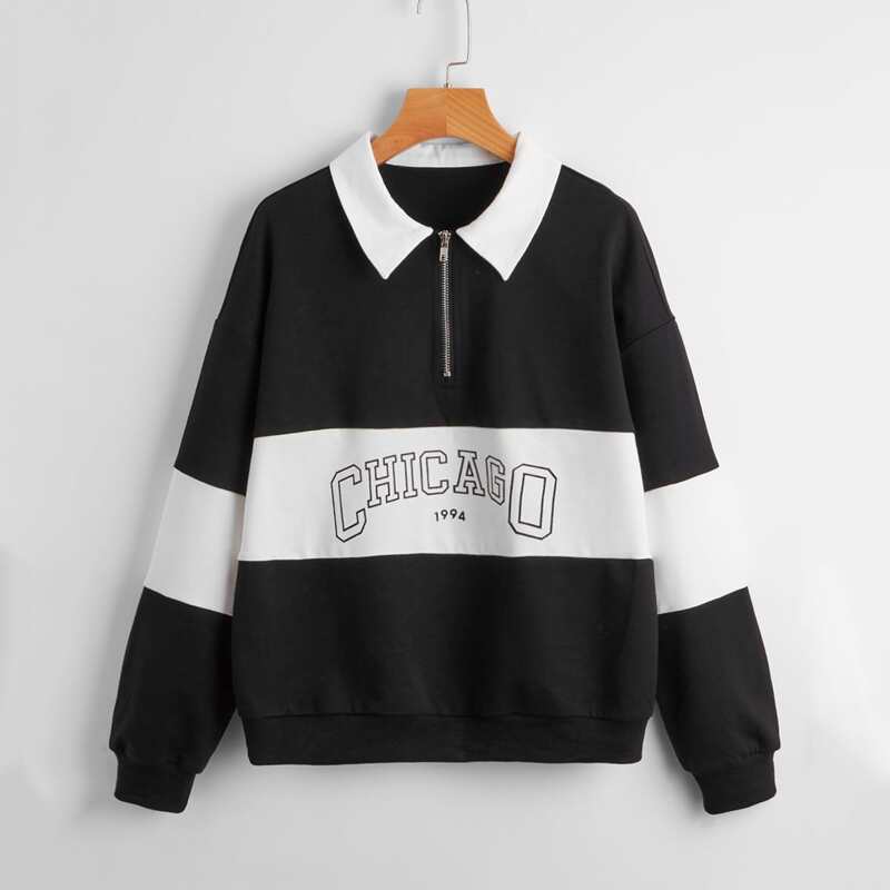 

Letter Colorblock Half Zip Sweatshirt, Black and white