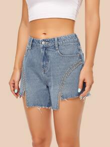 鉚釘毛邊牛仔短褲 - 中等水洗藍 - 查看 1