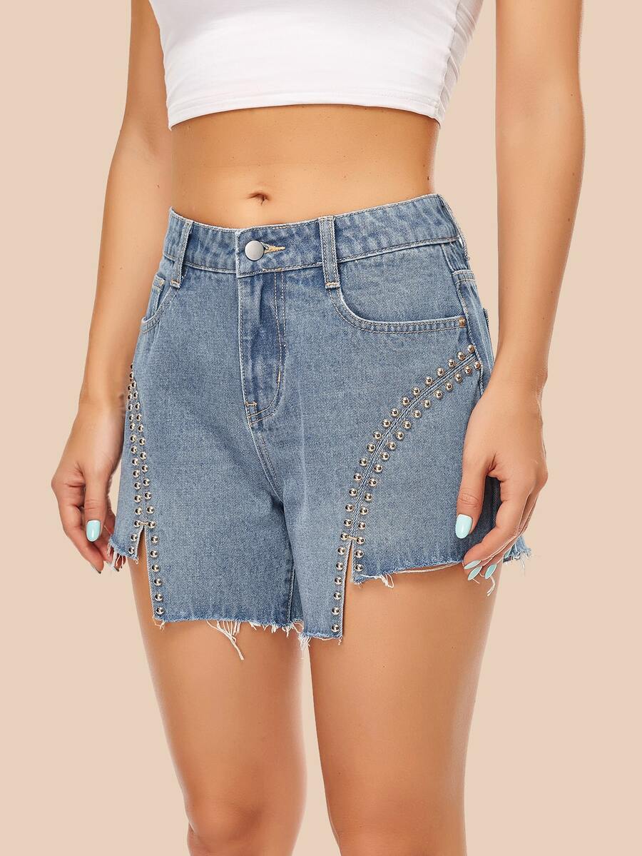 鉚釘毛邊牛仔短褲 - 中等水洗藍 - 查看 1