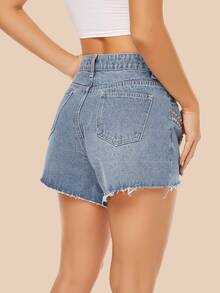 鉚釘毛邊牛仔短褲 - 中等水洗藍 - 查看 2