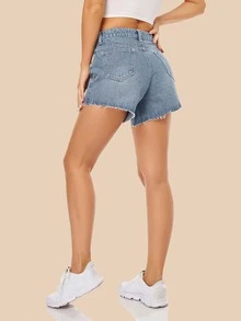 鉚釘毛邊牛仔短褲 - 中等水洗藍 - 查看 3