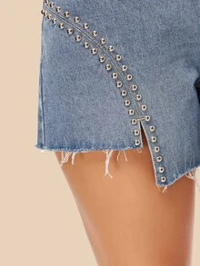 鉚釘毛邊牛仔短褲 - 中等水洗藍 - 查看 4