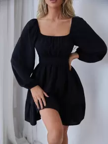 SHEIN Frenchy Vestido fruncido de manga farol bajo con fruncido - Negro - Ver 1