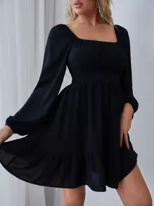 SHEIN Frenchy Vestido fruncido de manga farol bajo con fruncido - Negro - Ver 3