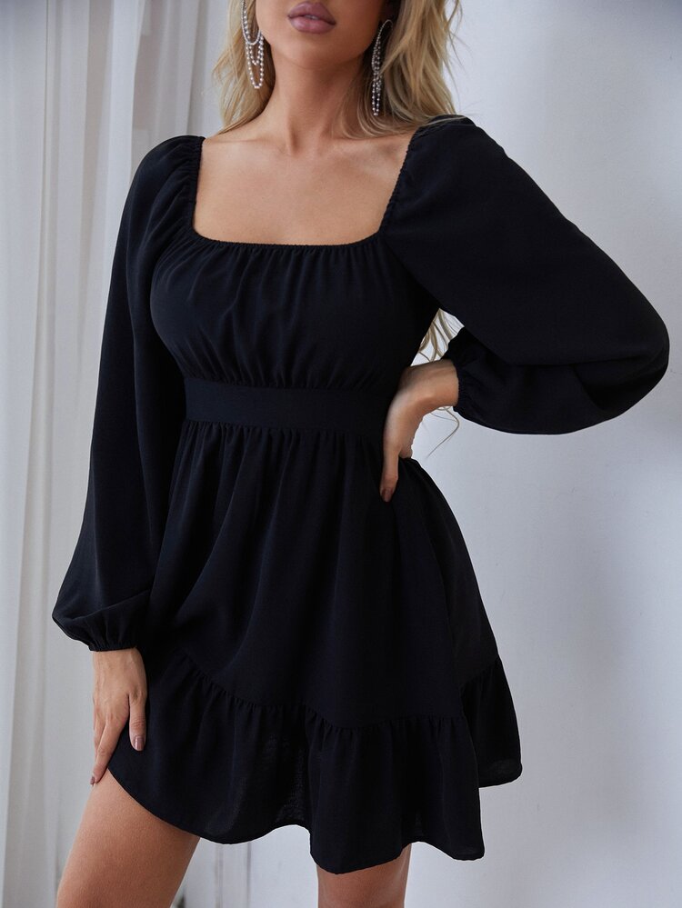 SHEIN Frenchy Ruched Lantern Sleeve Ruffle Hem Dress - Black - View 4