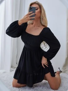 SHEIN Frenchy Vestido fruncido de manga farol bajo con fruncido - Negro - Ver 5