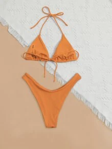 SHEIN Swim Summer Beach Ribbed Halter Micro Triangle Bikini Set, Bathing Suit - Orange - View 2