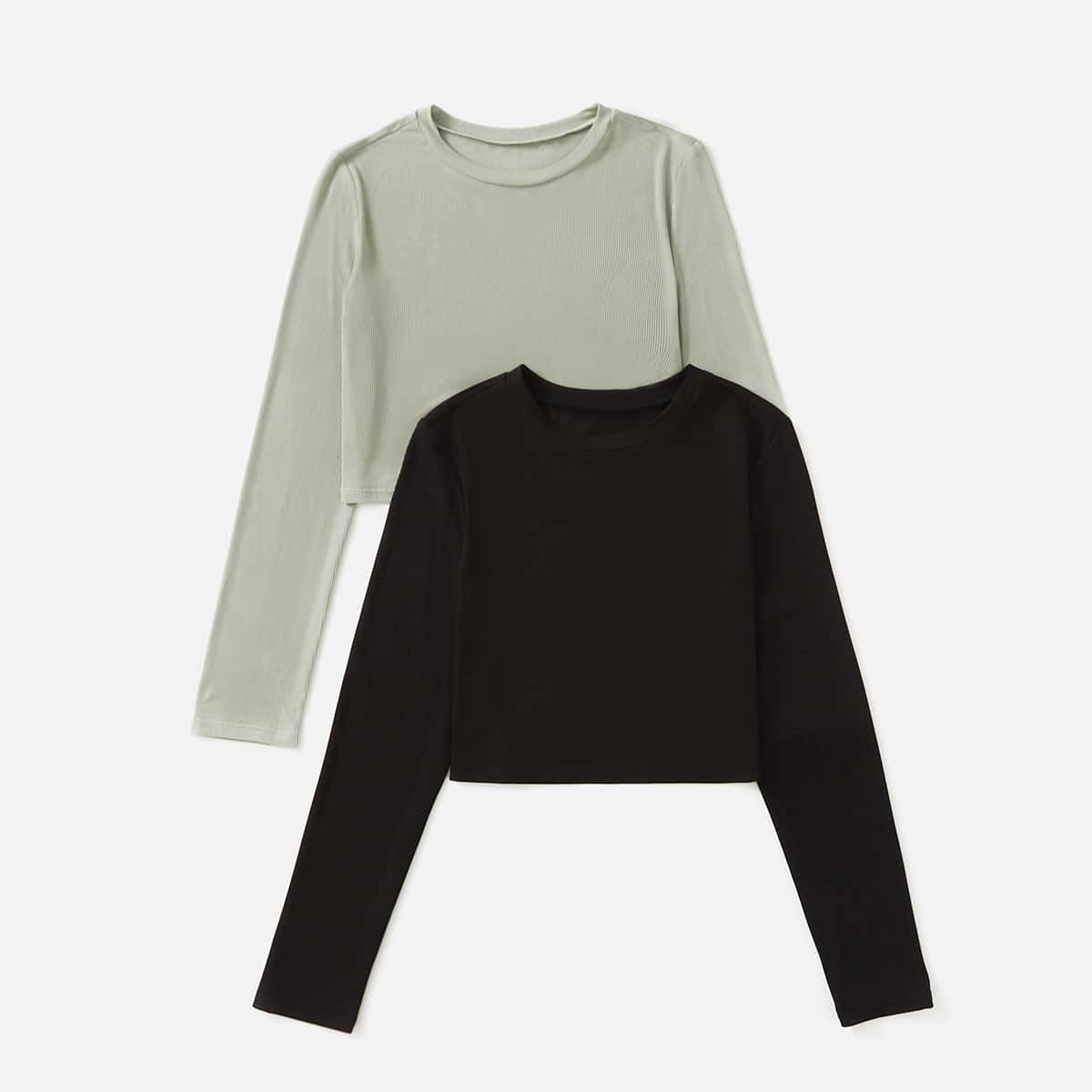 

2pcs Solid Rib-Knit Tee, Multicolor