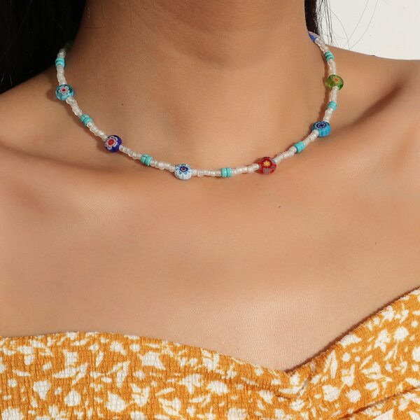 

Flower Decor Beaded Necklace, Multicolor