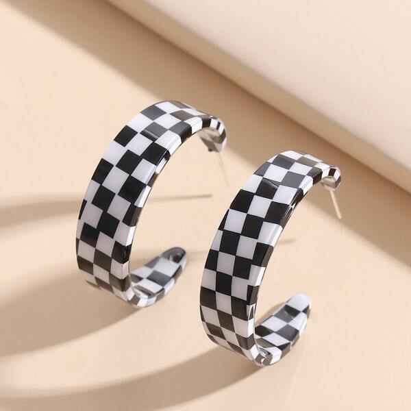 

Plaid Print Cuff Hoop Earrings, Black and white