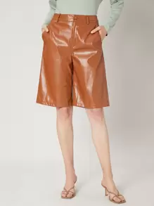 SHEIN Unity Quần short Nút Túi Dây kéo màu trơn Thanh lịch - Rỉ Nâu - Xem 3