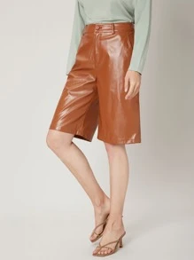 SHEIN Unity Quần short Nút Túi Dây kéo màu trơn Thanh lịch - Rỉ Nâu - Xem 4